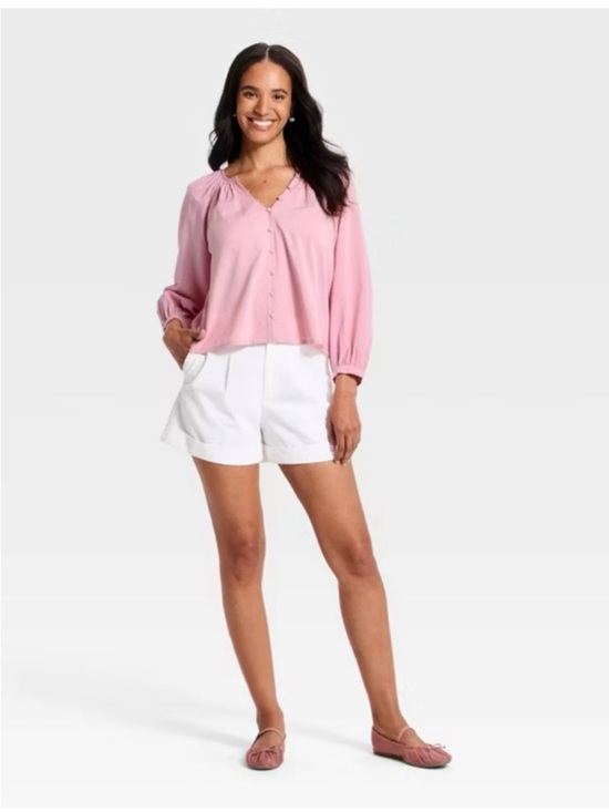 a new day Tops - Pink Button Down Cropped Blouse